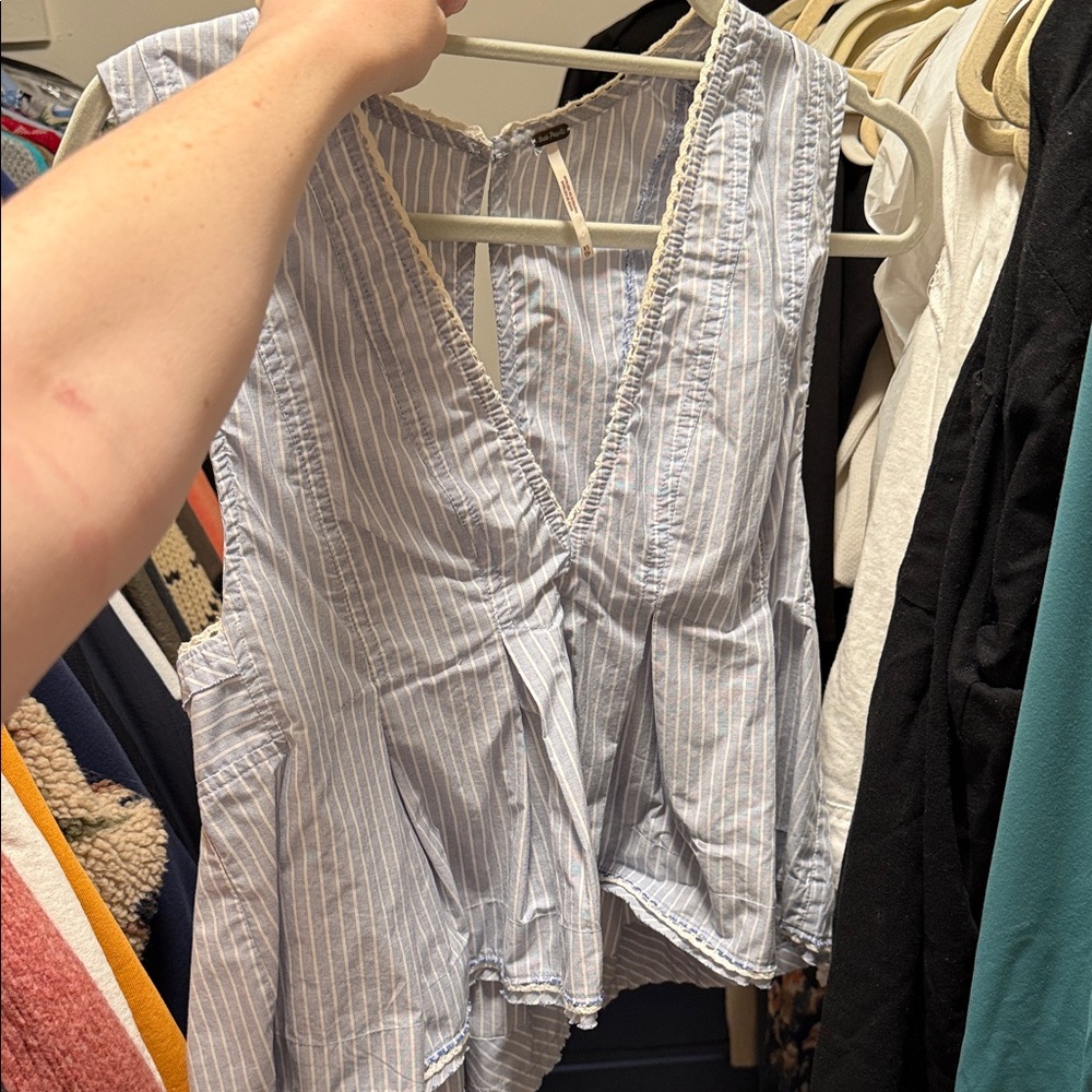 Free People Blue and White Striped V-Neck Peplum Camisole